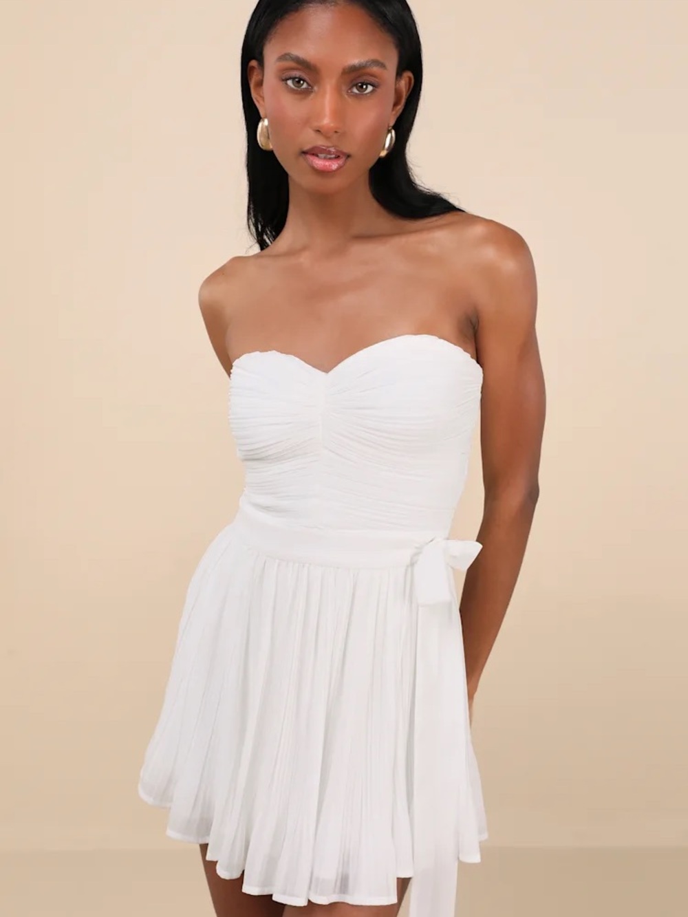 Lulu's White Strapless Pleated Mini Dress with Side Tie